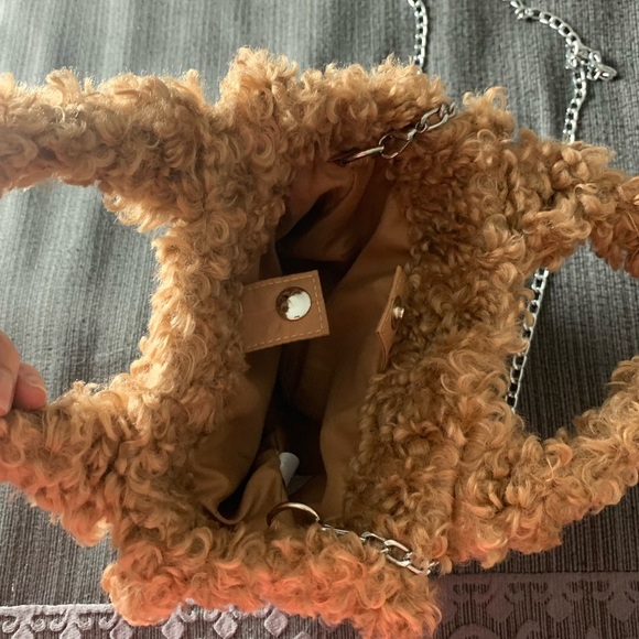 Urban Outfitters Serena Teddy Faux Fur Mini Tote Crossbody Bag with Chain Tan - Picture 10 of 14